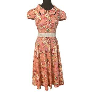 Hearts & Roses London Pink Floral Retro Dress Sze 14 Tradwife Rockabilly‎ Pinup